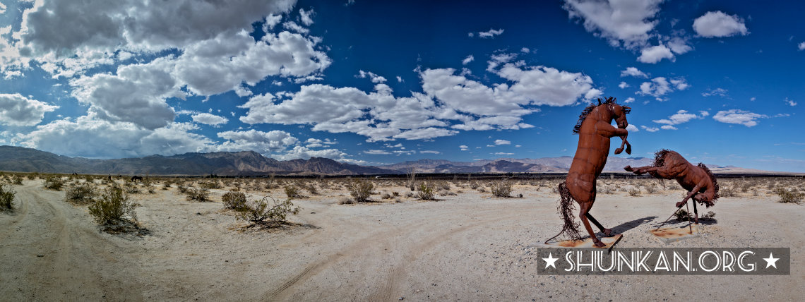 Galleta Meadows fighting horses sculptures - panorama