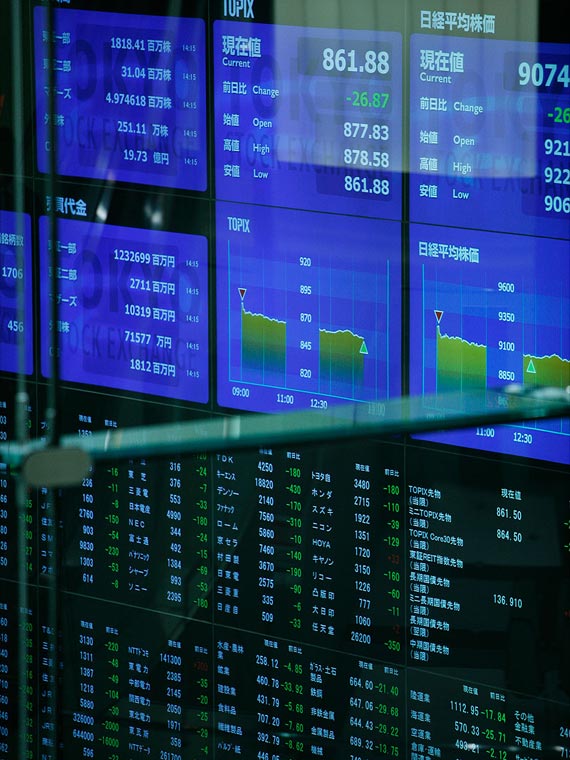 Tokyo Stock exchange, displaying Topix and Nikkei